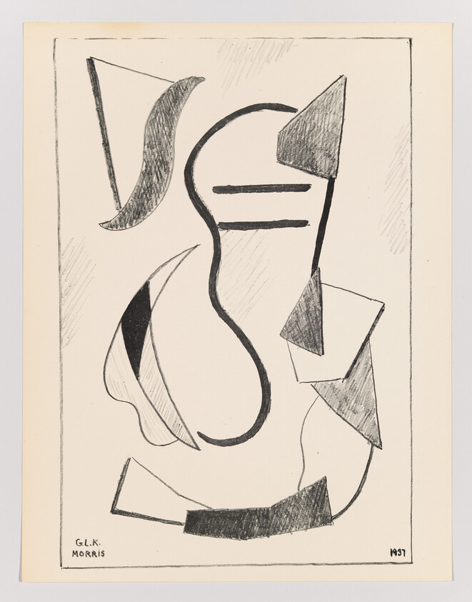 Abstract black pencil shapes and curved lines arranged within a rectangular border on cream paper.