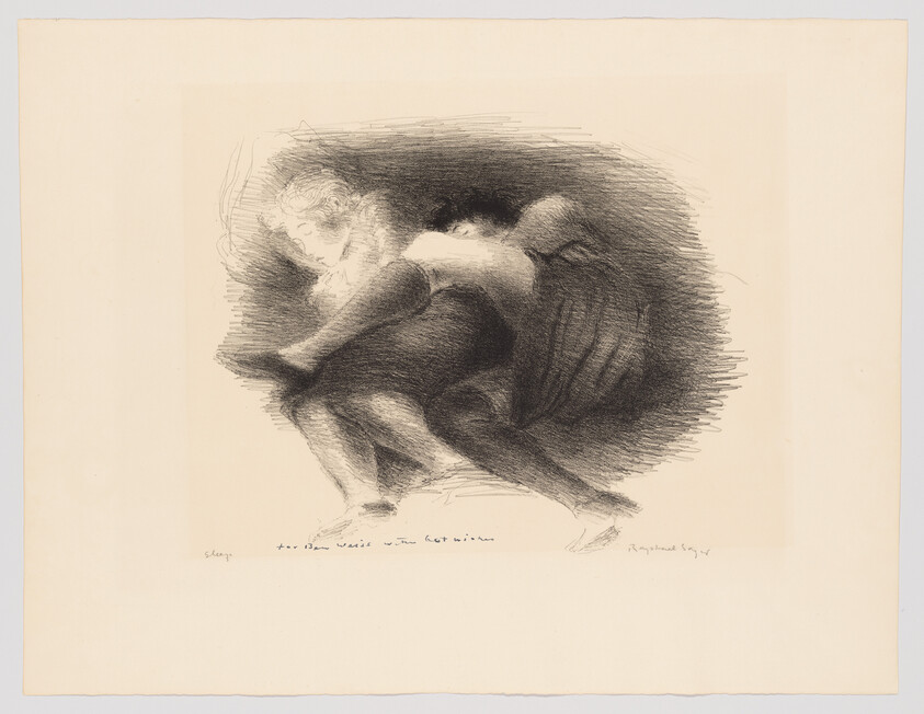 A dark-winged figure lifts a woman in a flowing dress, sketched with dense charcoal strokes.