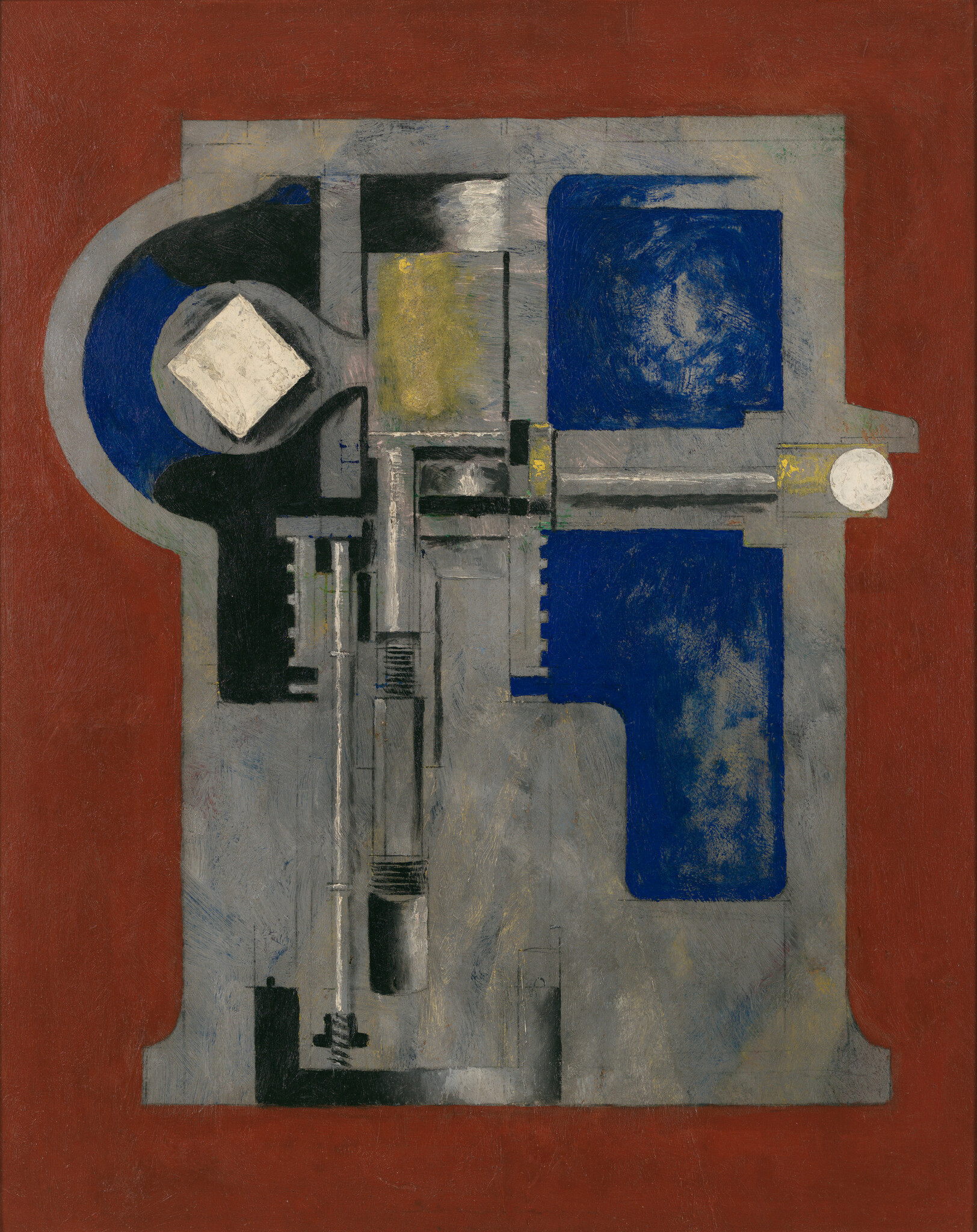 Abstract geometric composition with blue and gray mechanical shapes centered on a deep red background.