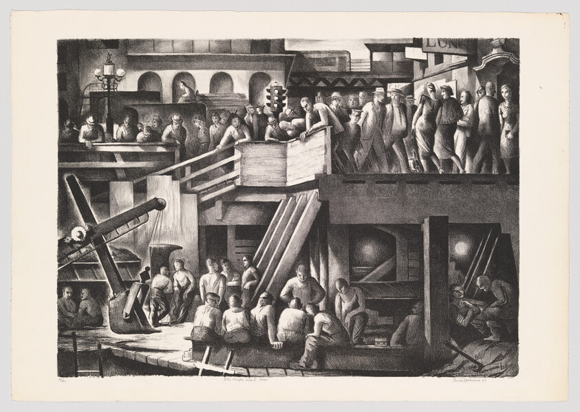 Workers and dockmen gather around a busy shipyard area with stairs and loading platforms.