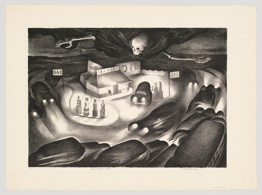 A surreal black and white lithograph depicting a subterranean landscape with oversized human figures and a car at a gas station, a large skull looming overhead, and mathematical equations floating in the space. The scene is illuminated by spotlights and the word "GAS" appears on signs, suggesting a commentary on fuel consumption and its consequences. The artwork is signed by the artist at the bottom left.