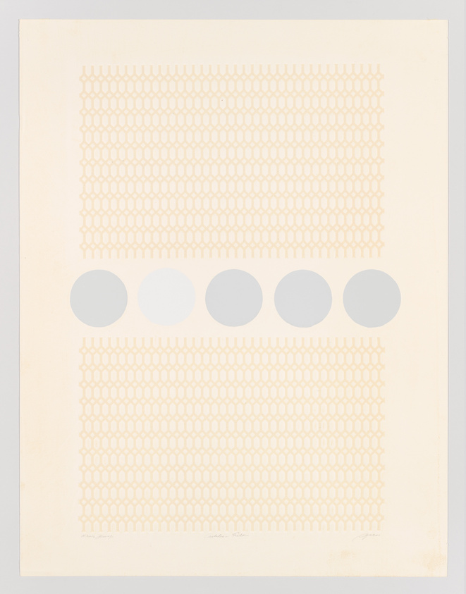 A minimalist artwork featuring two sections of a honeycomb pattern separated by a row of five evenly spaced circles, all presented in a muted color palette on a light background. The bottom of the artwork contains handwritten signatures.