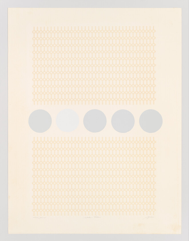 Two beige honeycomb grids separated by a horizontal row of five pale gray circles.