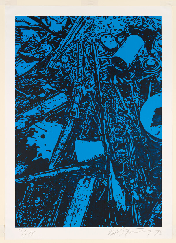 Blue and black print showing scattered wooden planks, cans, and debris in a chaotic pile.
