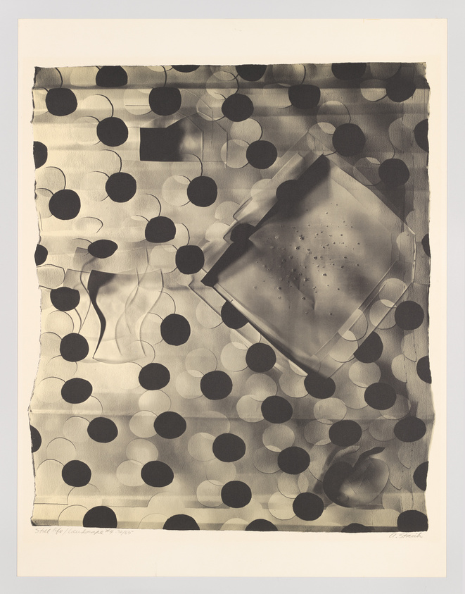 Monochrome abstract art with overlapping circles and a translucent, crumpled square overlay with speckles.