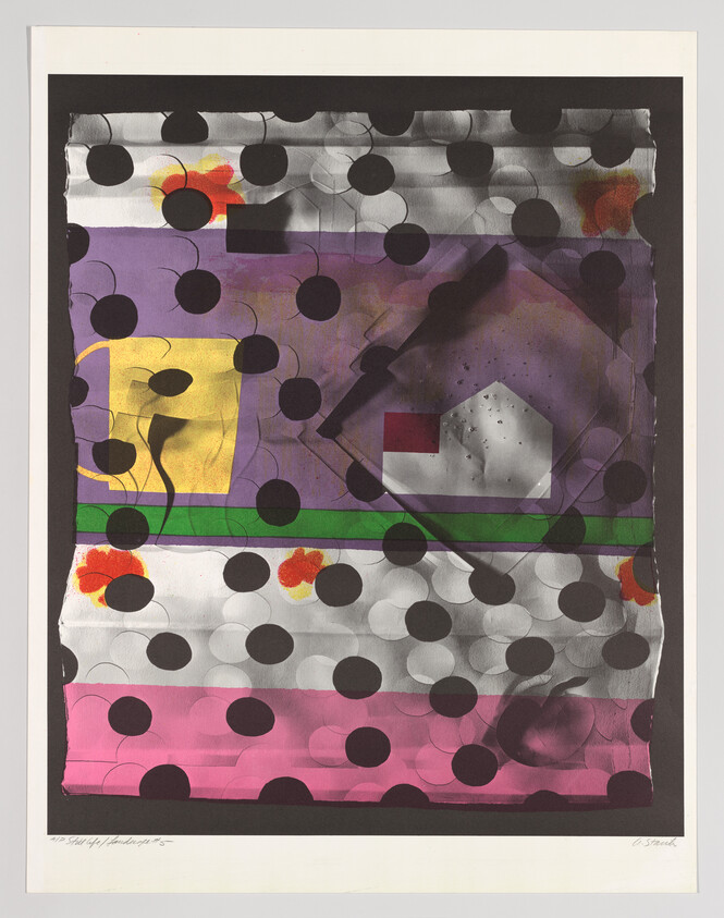 Abstract artwork with large black polka dots over colorful horizontal bands and geometric shapes.