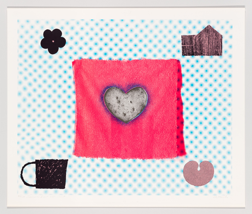 Colorful artwork with a pink square, heart-shaped stone, polka dot background, and abstract shapes including a flower and a cup.