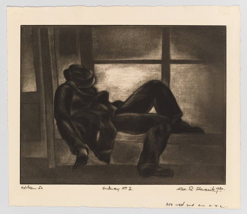 A dark silhouetted figure slumps on a subway bench against a lit window.