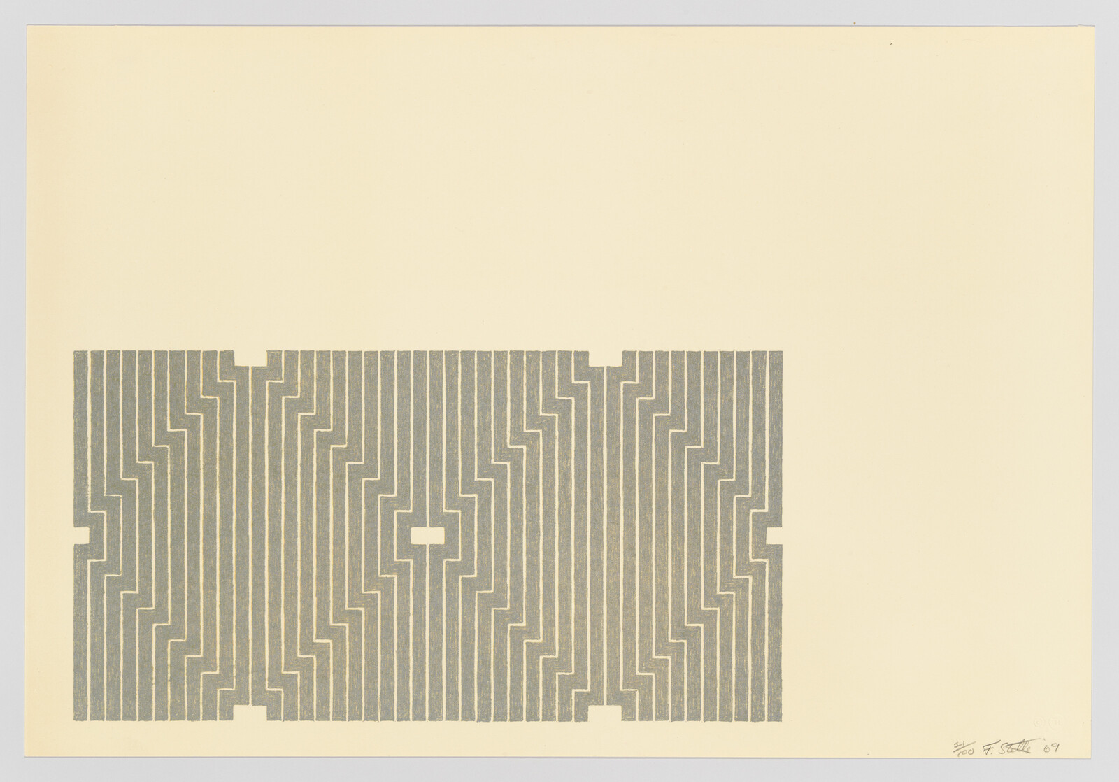 A gray stepped-rectangle of parallel lines forms a maze-like pattern on a large cream background.