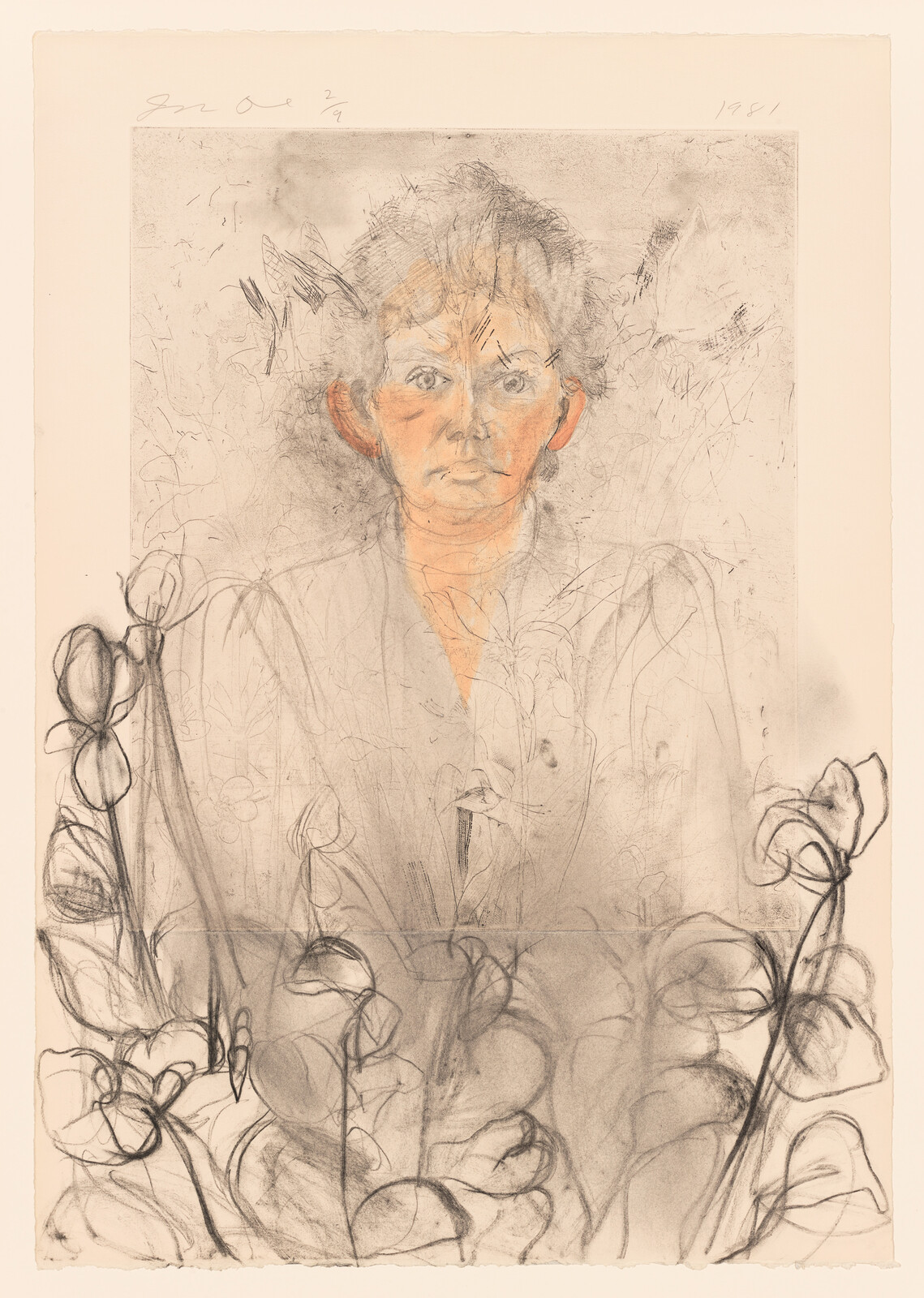 A softly sketched portrait of a woman surrounded by loosely drawn tall flowers.