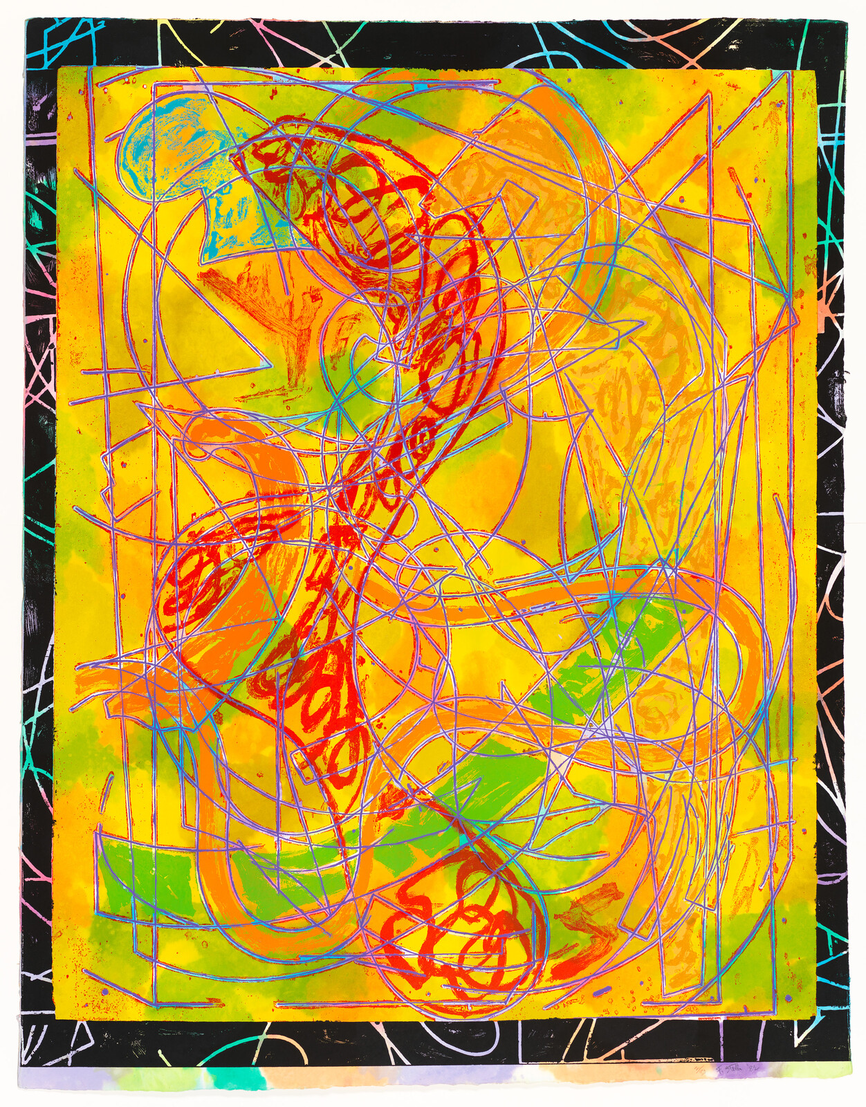Bright abstract artwork with tangled red and blue lines over a yellow and green background.
