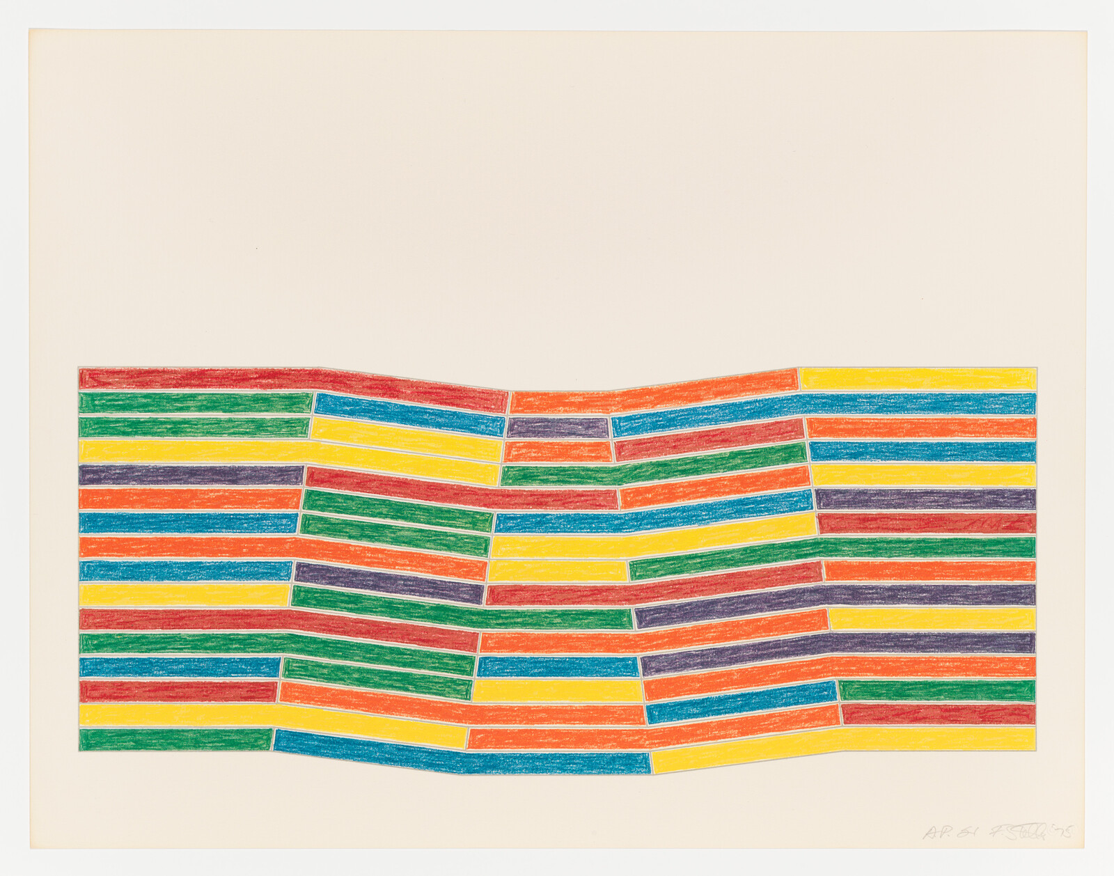 A low horizontal band of colorful staggered rectangular stripes creating a wavy layered pattern.