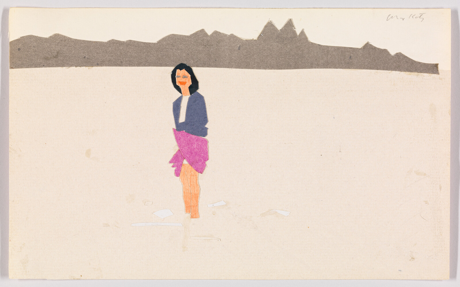 A lone woman stands on a pale expanse wearing a purple skirt and dark jacket, with distant mountains.