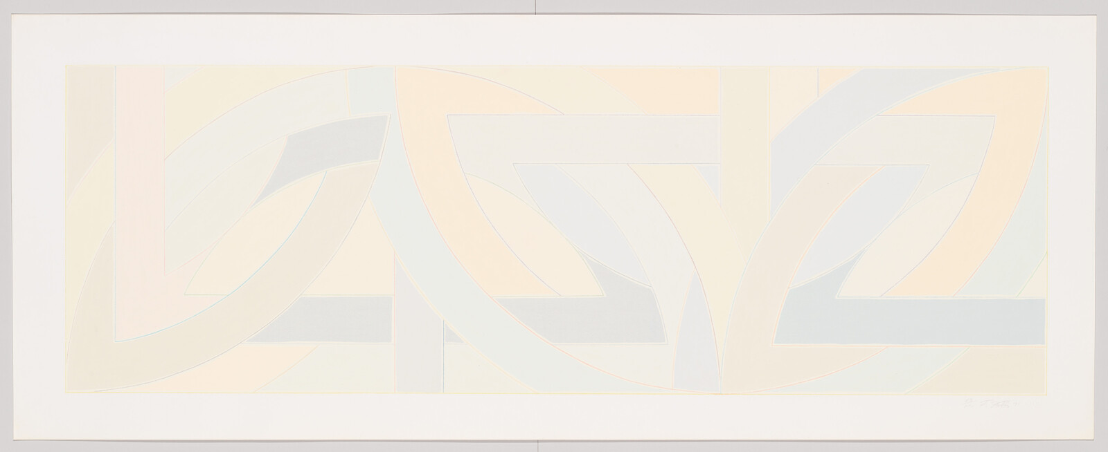 Large horizontal panel with interlocking pale pastel geometric curves and bands forming a repeating pattern.