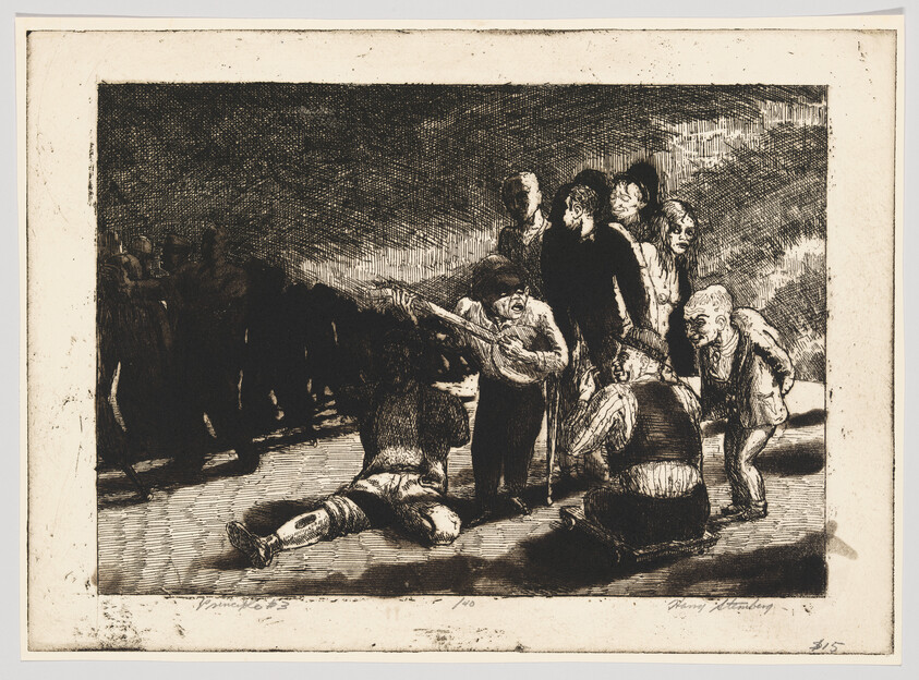 A group of villagers surround a collapsed man on the ground while others point and watch.