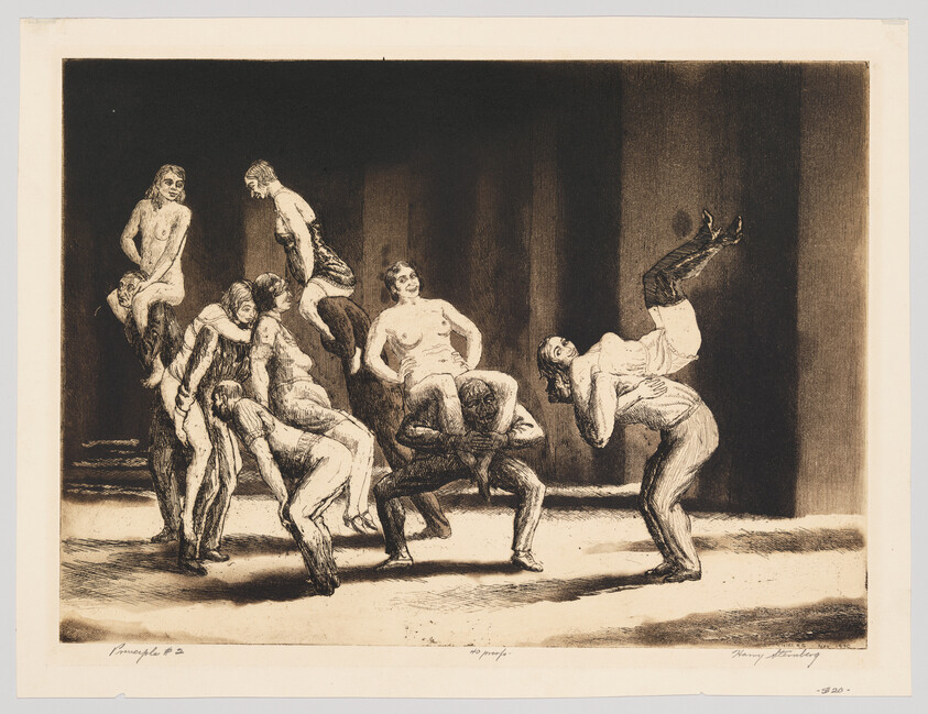 A group of performers lift and balance each other in acrobatic poses on a dim stage.