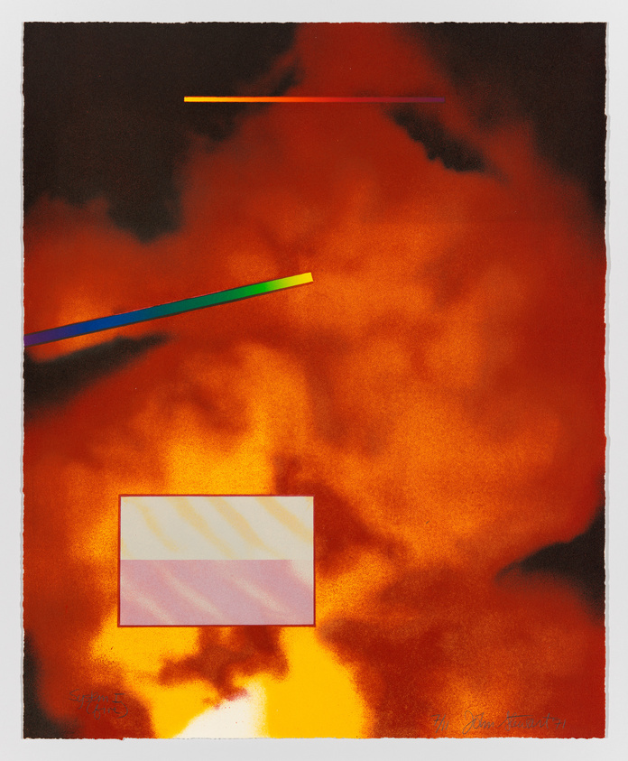 Abstract artwork with fiery red and orange background, featuring colored lines and a central striped rectangle.