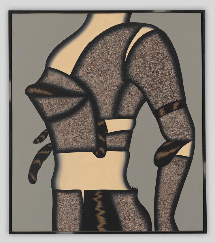Stylized torso wearing textured, wrapped black garments with cutouts against a gray background.