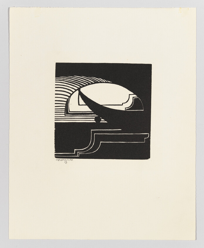 Abstract black-and-white geometric composition with a curved, shell-like form above a stepped platform.