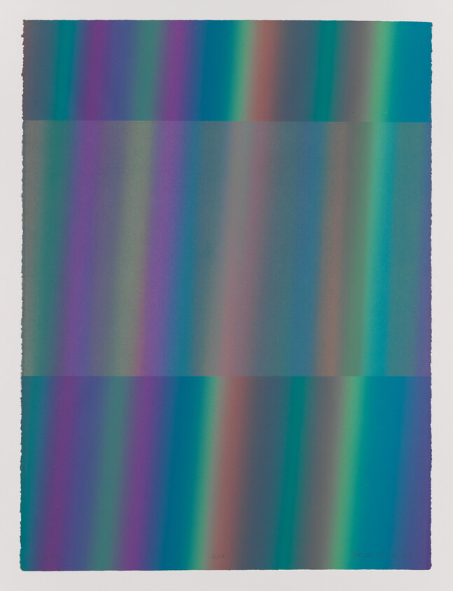 Abstract poster with three stacked panels showing diagonal rainbow-like teal, blue, and purple gradients.