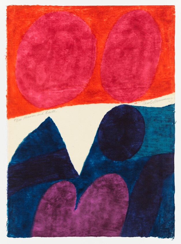 Abstract composition with two red ovals above blue and purple shapes divided by a white band.