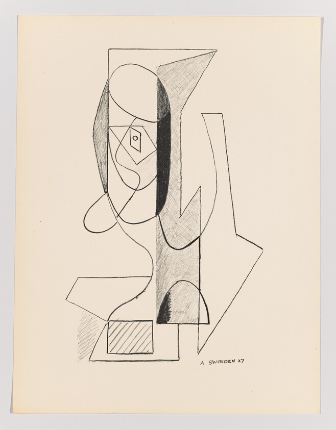 This is an abstract black and white drawing featuring geometric and organic shapes intermingled to create a composition that lacks a clear representation of real-world objects. The artwork includes a variety of forms such as circles, triangles, and arrows, with some areas filled in with solid black, hatching, or cross-hatching to create texture and contrast. The drawing is signed and dated at the bottom right corner with the text "A. Swinden '87."