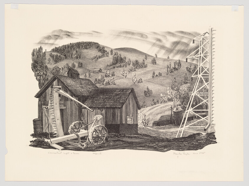 A rustic barn with old farming equipment in front and a tall wooden oil derrick to the right.