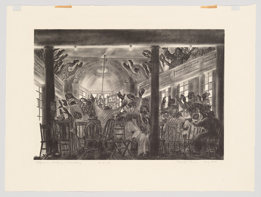 Church congregation raises hands during an emotional revival under a banner reading "Return of Holy Dove."