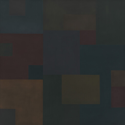 Large, overlapping rectangles in dark shades of blue, brown, and green create a simple geometric pattern.