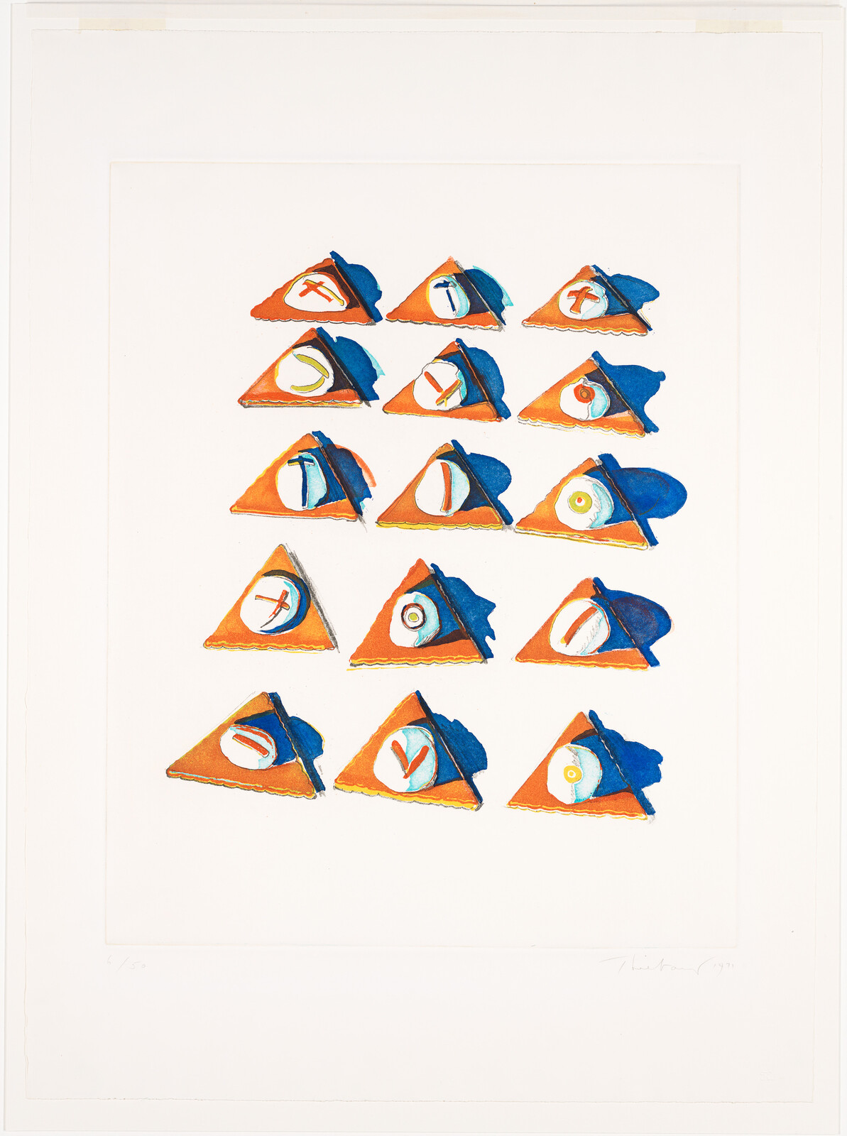 Fifteen orange triangular pastries arranged in a grid, each topped with a blue napkin and circular garnish.