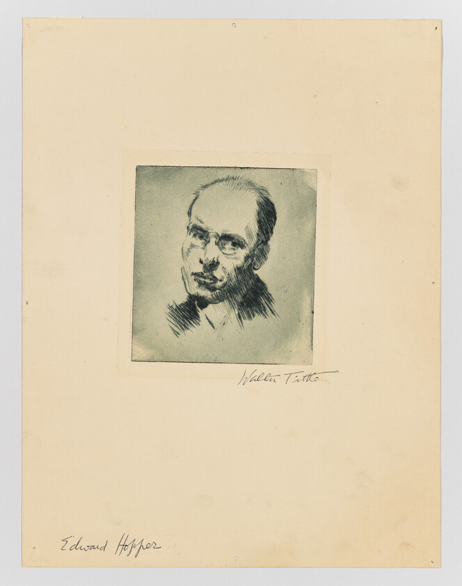 A small ink portrait of a bespectacled man centered on a large blank sheet of paper.