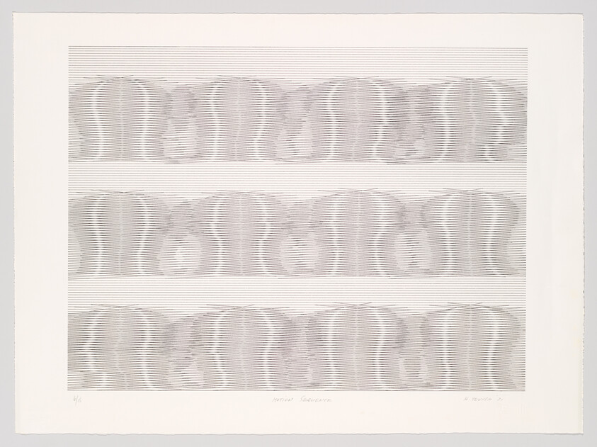 Three horizontal bands of thin gray parallel lines creating repeating wavy, mirrored organic shapes.