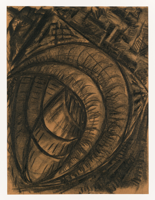 Charcoal drawing showing overlapping spiral bands and textured hatch marks on brown paper.