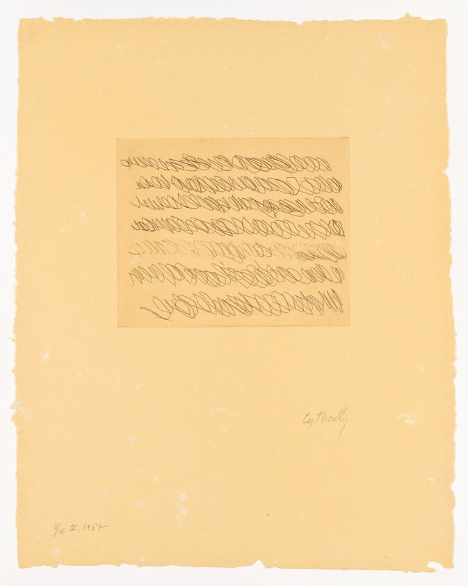 Centered small paper with rows of dark looping scribbles on a larger beige sheet.