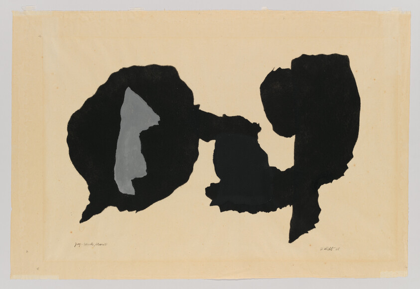 Abstract black ink blot on beige paper with gray shape inside, resembling a Rorschach test, signed and dated by the artist.