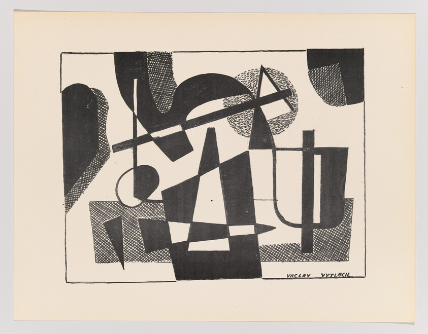 Black and white abstract print featuring a variety of geometric shapes and patterns, including circles, triangles, and cross-hatching, with the artist's name, Vaclav Vytlacil, inscribed at the bottom right. The composition is balanced within a square border on a cream-colored paper.