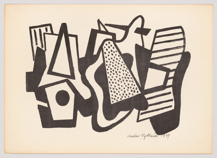 Abstract black geometric shapes and patterns arranged across a cream background.