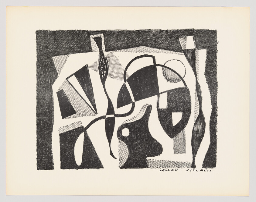 Abstract black-and-white ink composition with interlocking organic shapes, curved lines, and geometric blocks.