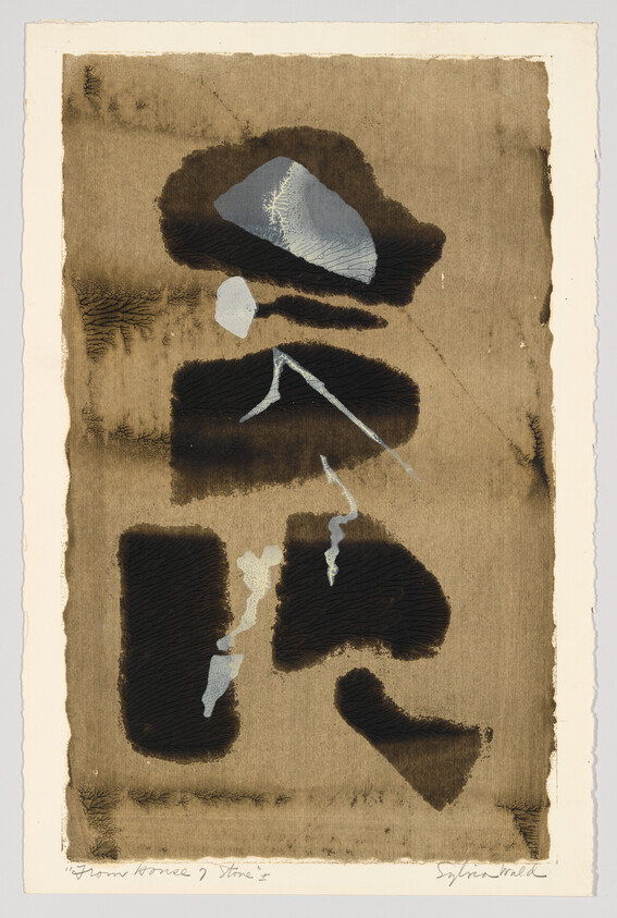 Abstract dark brown ink shapes with lighter silver streaks on textured, torn-edged paper.