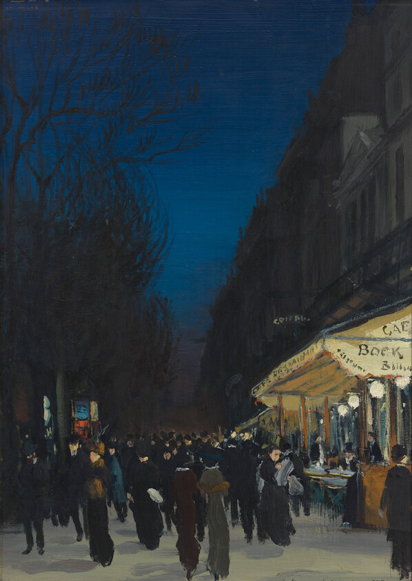 Crowded night street scene with people walking past a brightly lit café awning.
