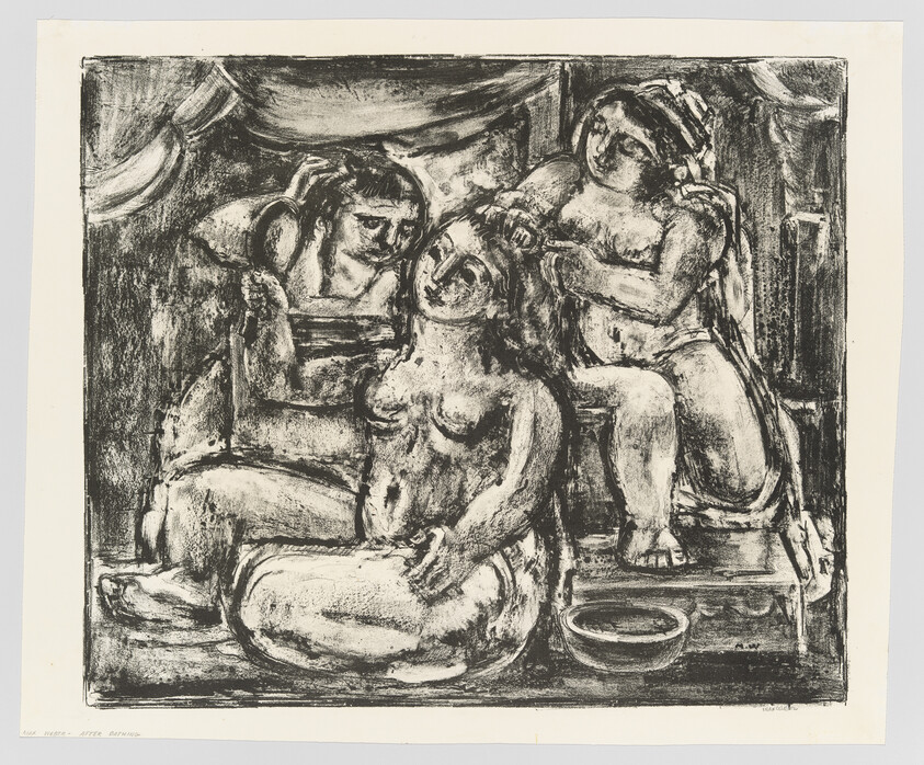 Three women in a bath, one combing another’s hair while a third holds a mirror.