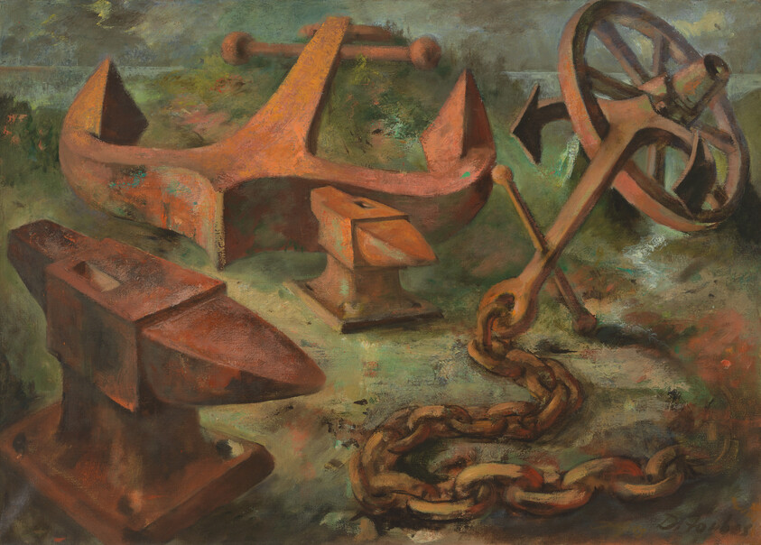 Rusty anchor, heavy chain, and metal tools arranged on a worn green surface.