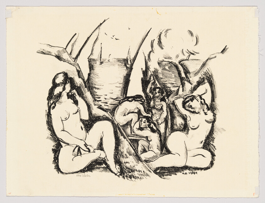 Several nude women relax and converse among trees and rocks beside a calm river.