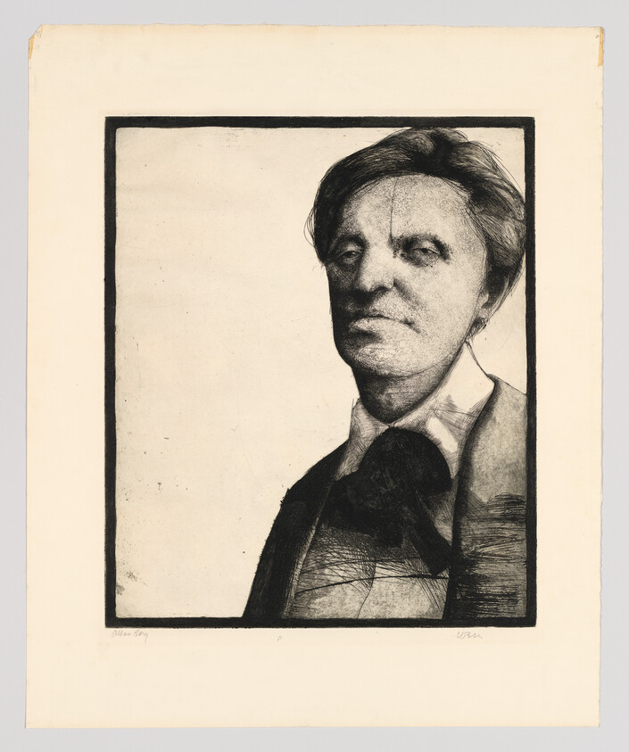 A detailed etched portrait of a middle-aged man wearing a large bow tie and jacket.