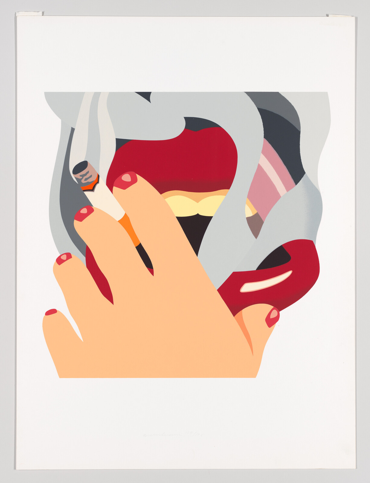 A hand with red painted nails holds a cigarette near open red lips and smoke.