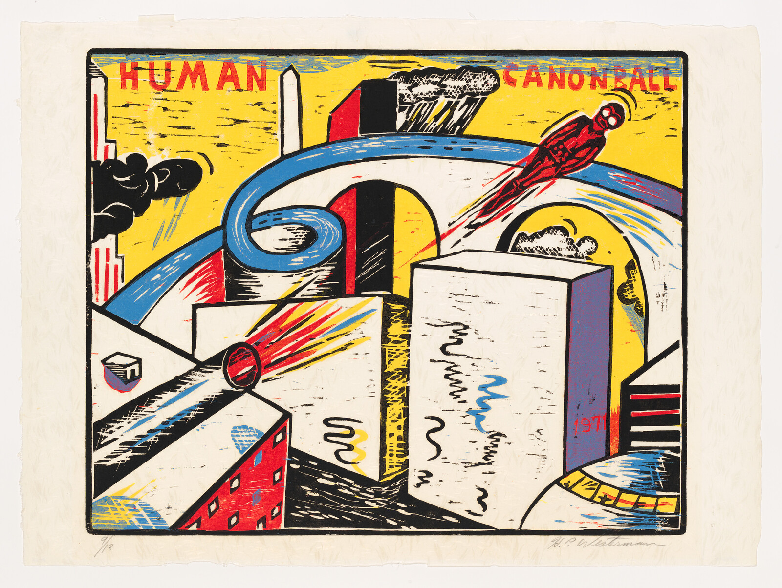 The words "Human Canonball" headline a comic-style scene of a human cannonball flying over buildings.