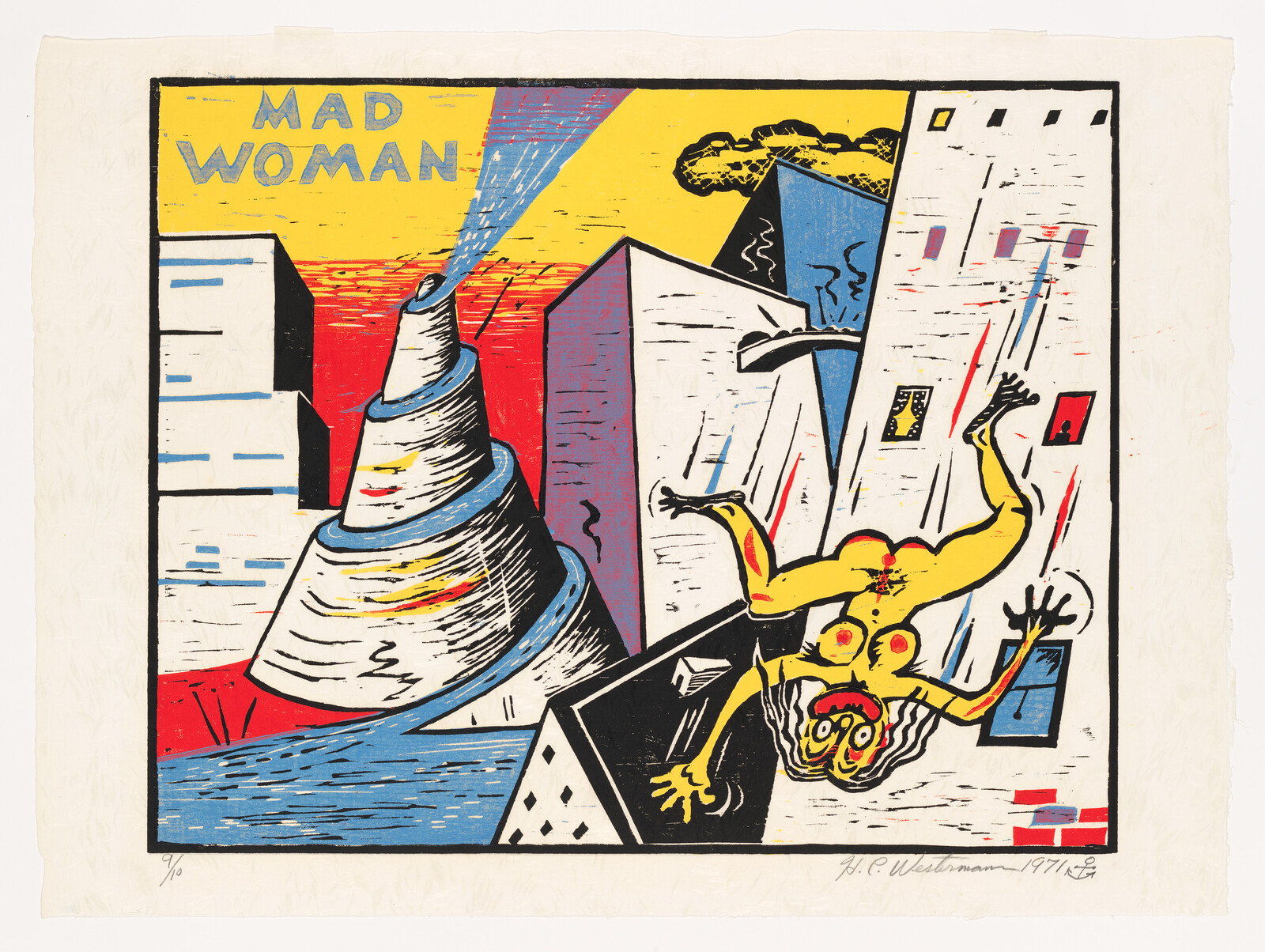 A yellow naked woman tumbles upside down between tilted buildings under the text Mad Woman.