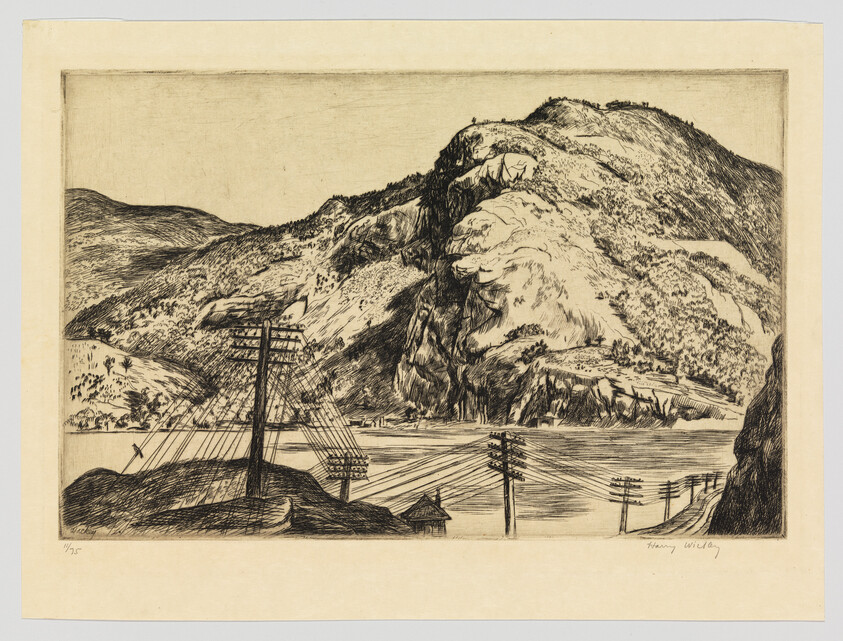 Mountains rise behind a river with telegraph poles and many wires crossing the foreground.