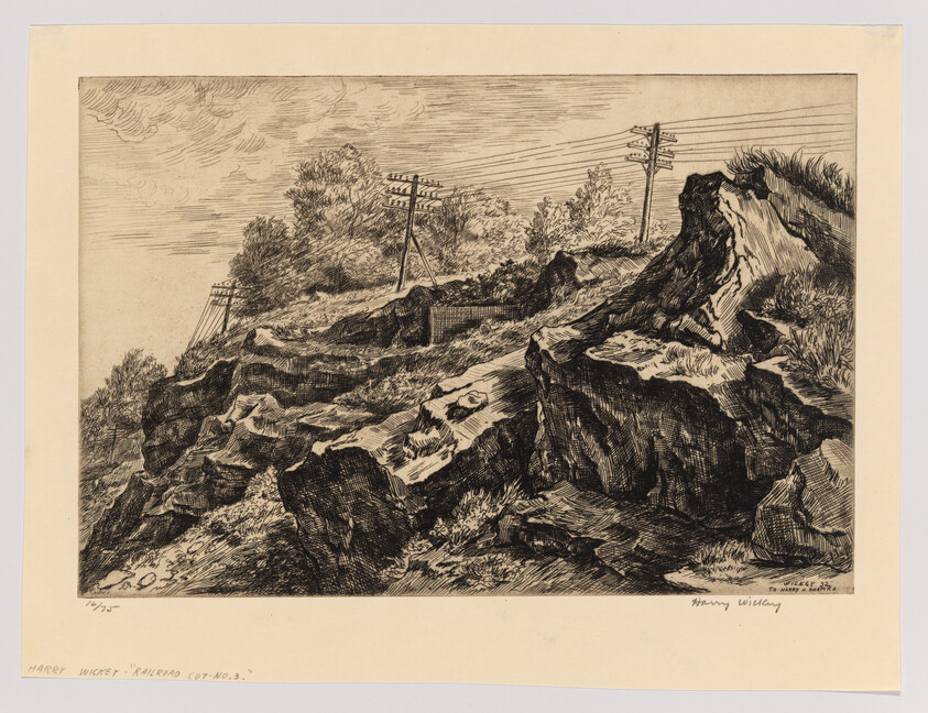 A detailed etching titled "Railroad Cut-No. 3" by Harry Wickey, depicting a rugged landscape with exposed stratified rock formations in the foreground and telegraph poles with wires stretching across the background under a cloudy sky. The artwork conveys a sense of industrial progress cutting through natural terrain.