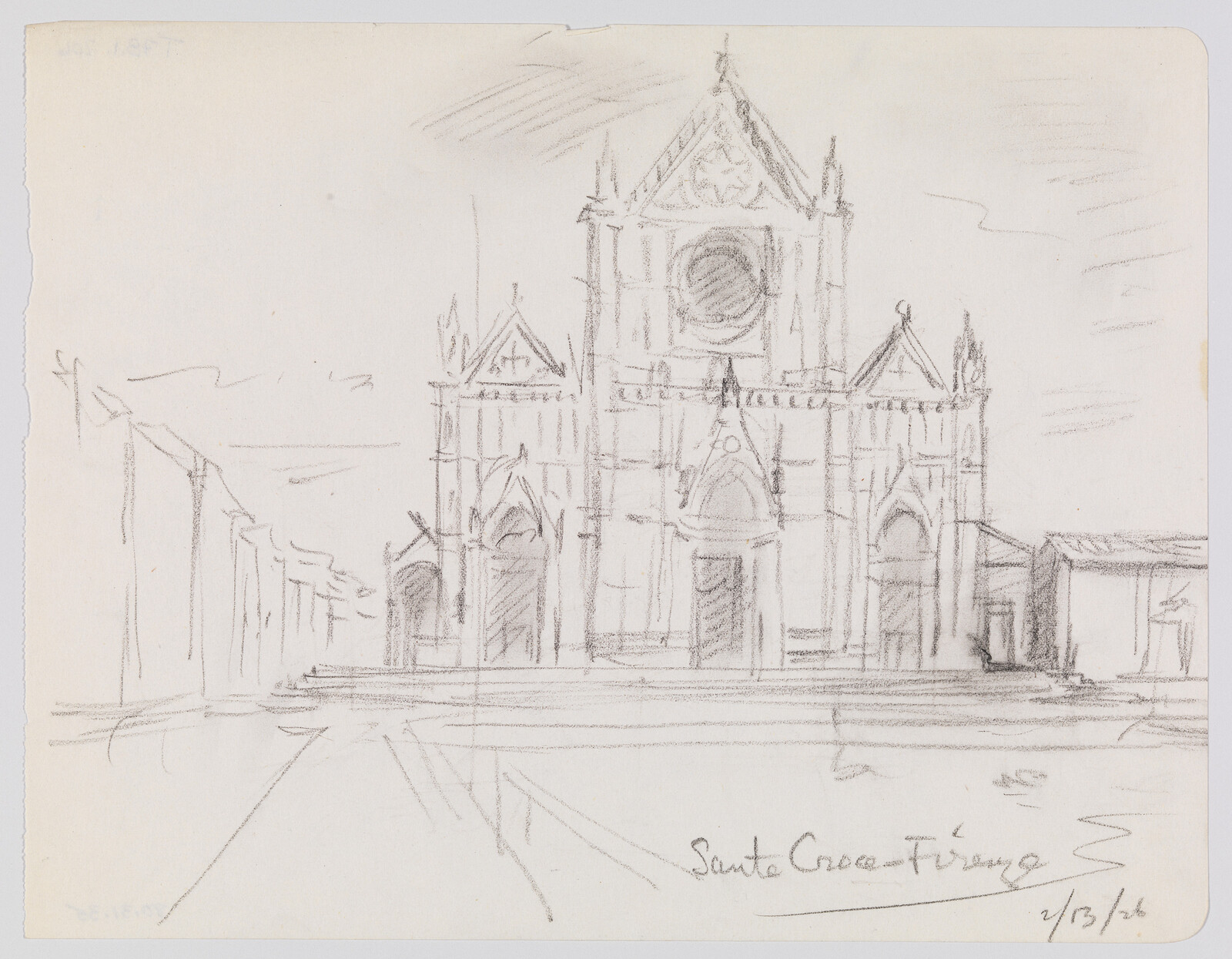 Pencil sketch shows the Santa Croce basilica facade with steps and arched entrances.